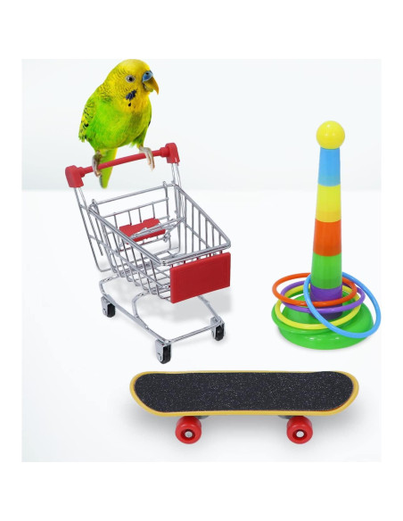 Juguetes para Aves Wontee - 3 Piezas: Carrito, Patineta, Anillo