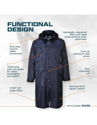 Abrigo de Lluvia Portwest S438 Impermeable Largo con Capucha