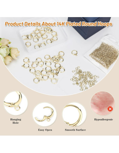 Kit 60 Ganchos de Aretes Baño de Oro 14K + 90 Anillas Hipoalergénicas