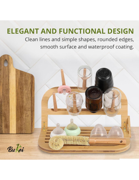 Secador de Botellas de Bebé Bukei de Bambú Plegable 7 Varillas