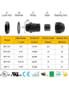 Glandes de Cable IP68 XHF 1" Nylon 2 Pcs Ajustables Negros 2