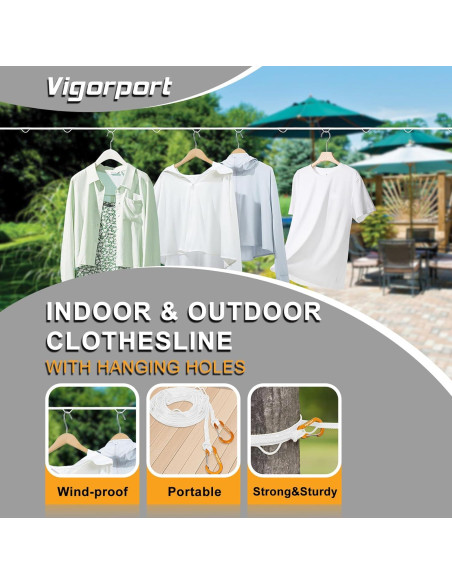 Cuerda de Ropa Portátil Vigorport 3.81m Nylon Blanca Antideslizante