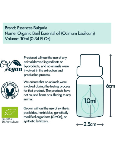 Aceite Esencial de Albahaca Orgánico Essences Bulgaria 10ml 100% Puro