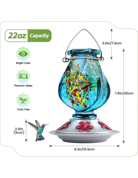 Alimentador de Colibrí BOLITE de Vidrio 620 ml Azul Colgante