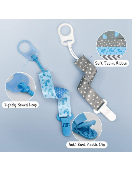 Paquete de 4 Clips para Chupetes Bebé Azul con Adaptadores