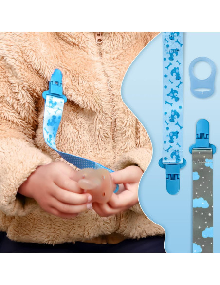 Paquete de 4 Clips para Chupetes Bebé Azul con Adaptadores