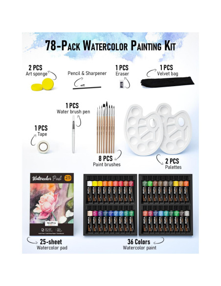 Set de Pintura Acuarela Nicpro 78PCS - 36 Colores, Pinceles y Papel