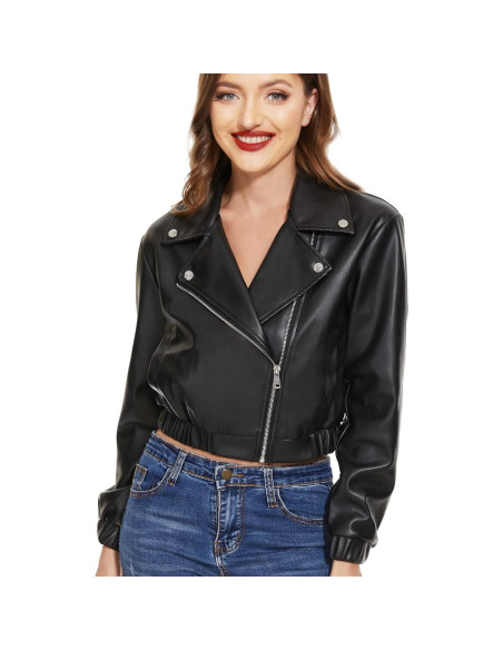 Chaqueta de Cuero Sintético Fahsyee para Mujeres - Blazer Corto Negro S-XXL