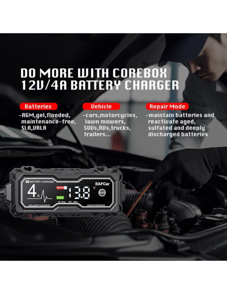 Cargador de Batería 12V EAFCar 4A con Pantalla LCD y Seguridad