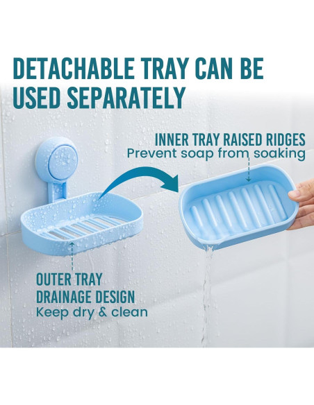 Soporte para Jabón TAILI con Ventosa Azul, Doble Plato, Sin Taladrar