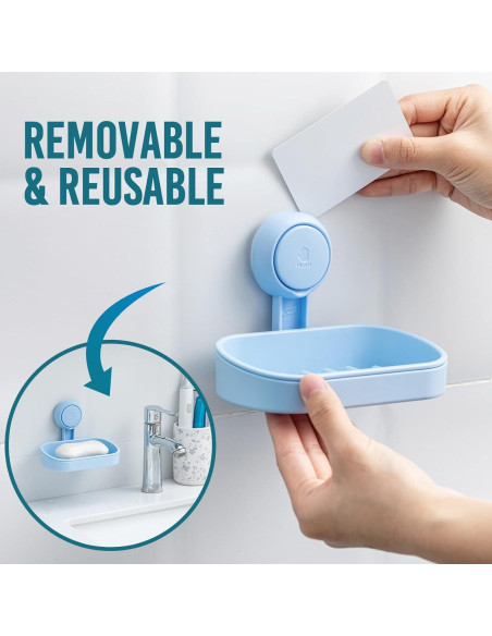 Soporte para Jabón TAILI con Ventosa Azul, Doble Plato, Sin Taladrar