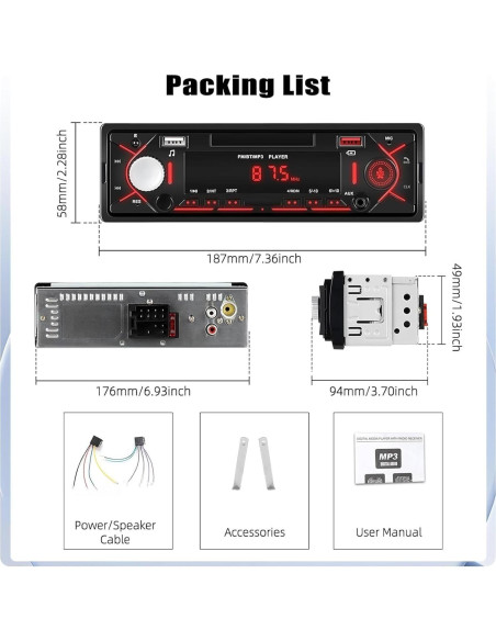 Estéreo de Coche Bluetooth CAMECHO 1 Din MP3 USB FM