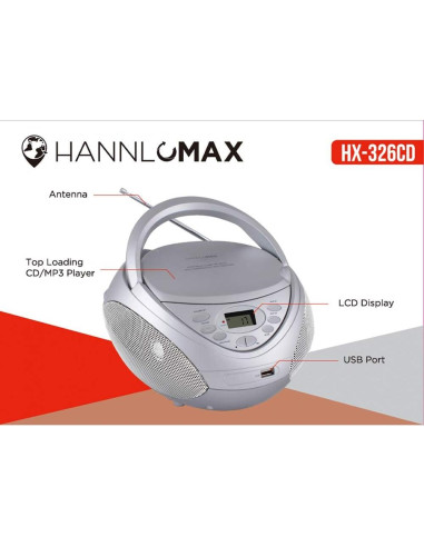 Boombox Portátil HANNLOMAX HX-326CD CD/MP3, Radio AM/FM, USB