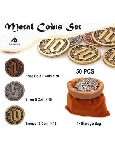 50 Monedas de Metal para Juegos de Mesa - Prefdo - Oro Rosa, Plata, Bronce