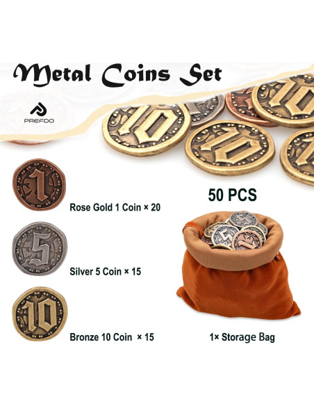 50 Monedas de Metal para Juegos de Mesa - Prefdo - Oro Rosa, Plata, Bronce