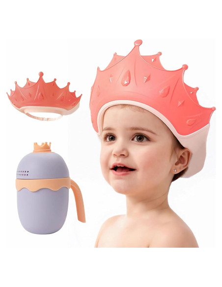 Gorro de Ducha Ajustable para Niños con Taza de Enjuague Rosa