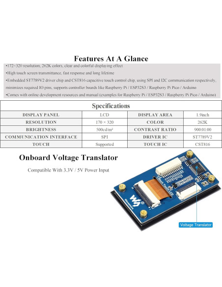 Módulo Pantalla LCD Táctil 1.9" Wonrabai 172x320 IPS