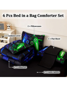 Juego de Ropa de Cama Twin 6 Piezas Gamer ASKOTU Azul Verde 2