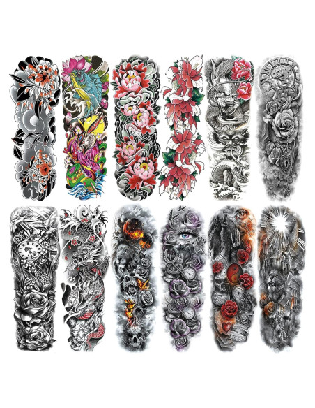 Mangas de Tatuajes Temporales ChurlChurl - 12 Hojas, Diseño Variado