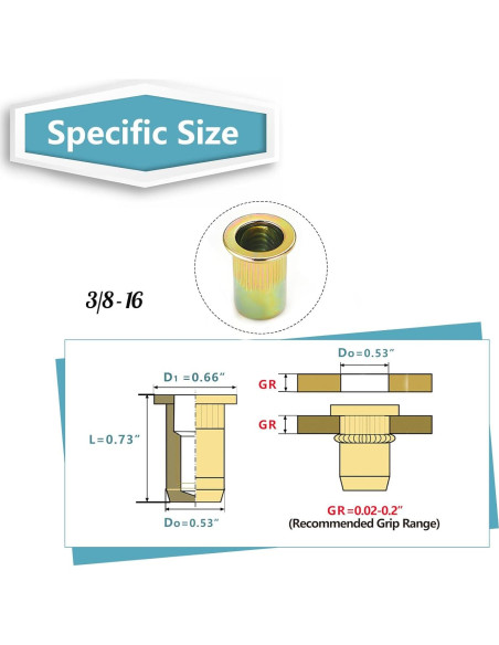 Tuercas Remachadas Kadrick 3/8"-16 Acero al Carbono 35Pcs