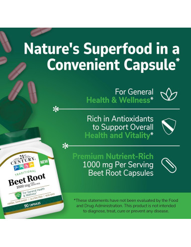 Suplemento de Raíz de Remolacha Siglo 21 1000 mg 90 Cápsulas