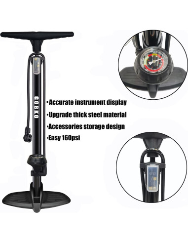 Bomba de Bicicleta GOBKO D2 con Manómetro 160 PSI Negra