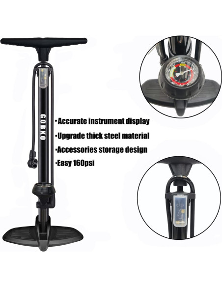 Bomba de Bicicleta GOBKO D2 con Manómetro 160 PSI Negra