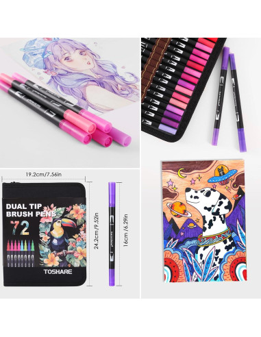 Set de 72 Marcadores Artísticos TOSHARE Doble Punta Fina y Pincel