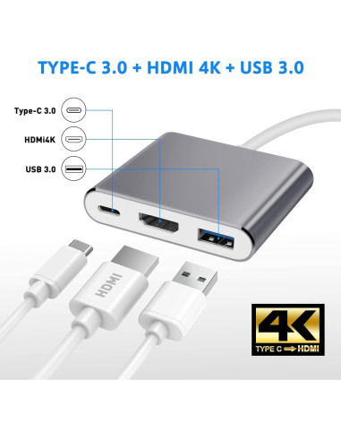 Adaptador USB C a HDMI 4K 3 en 1 F-02-001-Silver Gris