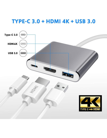 Adaptador USB C a HDMI 4K 3 en 1 F-02-001-Silver Gris