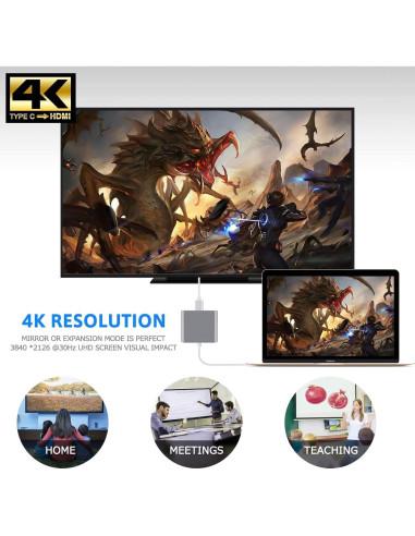 Adaptador USB C a HDMI 4K 3 en 1 F-02-001-Silver Gris