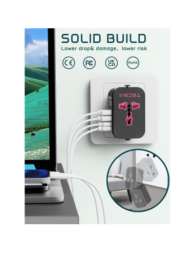 Adaptador de Viaje Universal TECSIX 5 en 1 con 2 USB-C y 2 USB-A