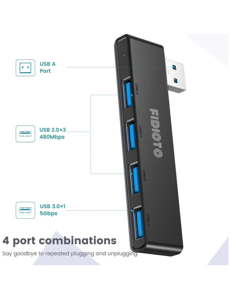 Hub USB 4 Puertos Fidioto 1x3.0 3x2.0 Negro 2Pack