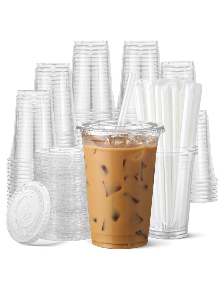 AOZITA 100 Vasos Plástico 16 Oz Transparentes con Tapas y Pajitas