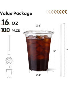 AOZITA 100 Vasos Plástico 16 Oz Transparentes con Tapas y Pajitas 2