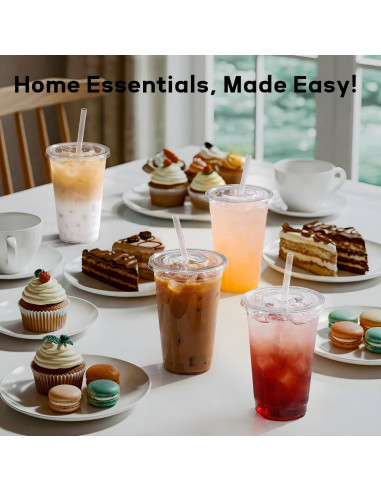 AOZITA 100 Vasos Plástico 16 Oz Transparentes con Tapas y Pajitas