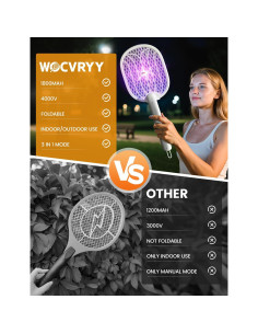 Raqueta Eléctrica para Mosquitos WOCVRYY 4000V Plegable 1800mAh 2