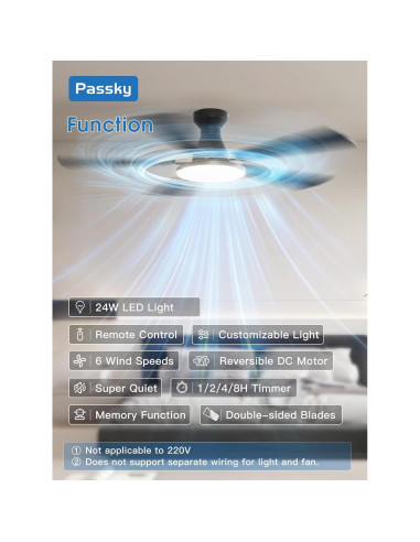 Ventilador de Techo Passky 52" con Luz y Control Remoto Negro