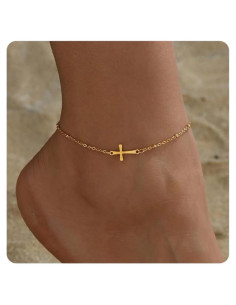 Brazalete de Tobillo Dorado Kyazeo con Cruz y Cuentas Coloridas