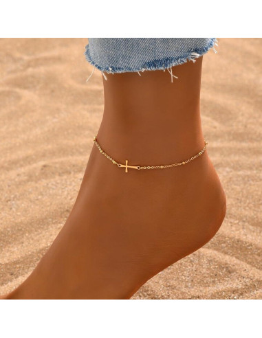 Brazalete de Tobillo Dorado Kyazeo con Cruz y Cuentas Coloridas