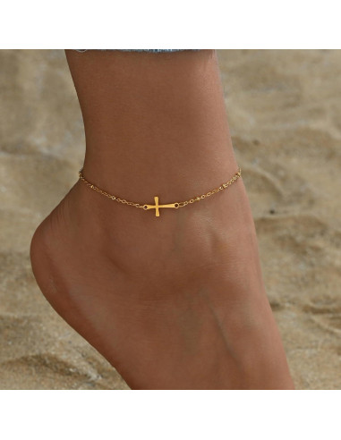 Brazalete de Tobillo Dorado Kyazeo con Cruz y Cuentas Coloridas