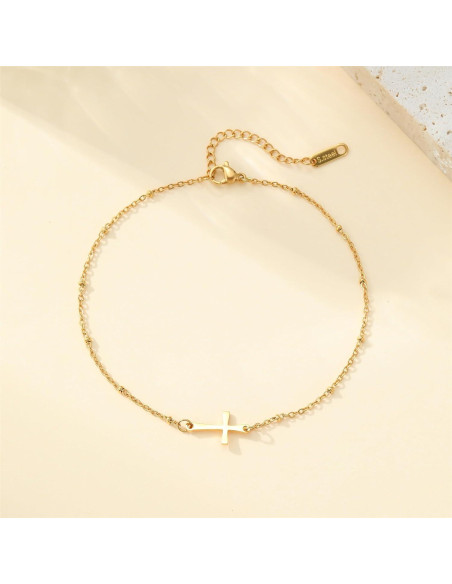 Brazalete de Tobillo Dorado Kyazeo con Cruz y Cuentas Coloridas
