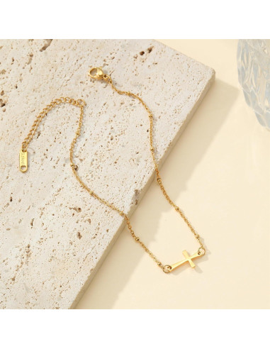 Brazalete de Tobillo Dorado Kyazeo con Cruz y Cuentas Coloridas