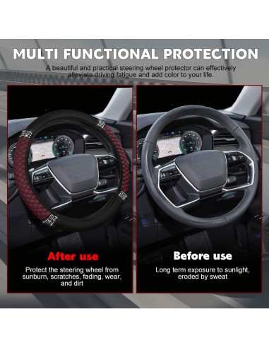 Cubierta de Volante de Cuero HQRNYP 15 Pulgadas Antideslizante Rojo Vino