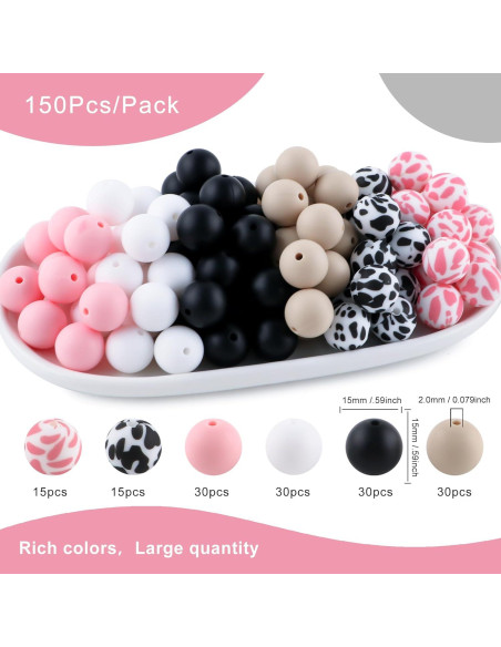 150 Perlas de Silicona 15mm HHCFAST Vaca Negra y Rosa