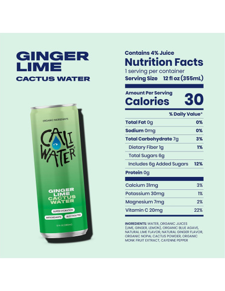 Caliwater Agua de Cactus Orgánica Jengibre y Lima 12 Latas 355ml