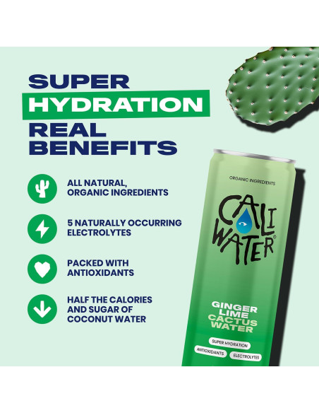 Caliwater Agua de Cactus Orgánica Jengibre y Lima 12 Latas 355ml