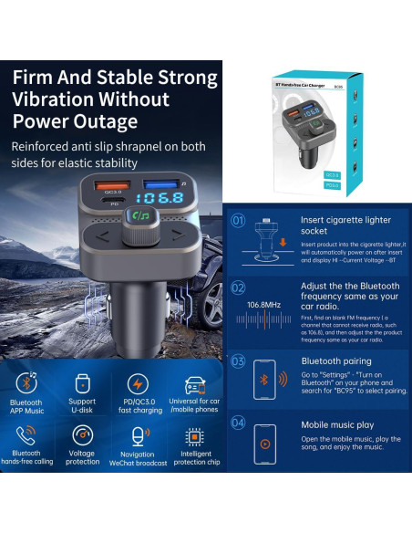 Transmisor FM Bluetooth 5.0 ILOKEY BC95LK con Cargador USB