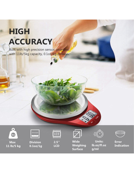 Báscula de Cocina Digital NUTRI FIT Acero Inoxidable 5kg Rojo