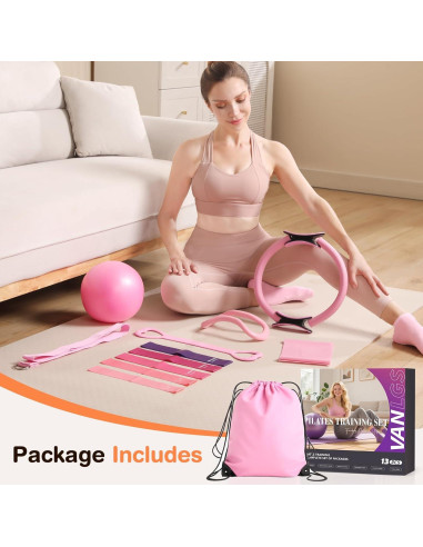 Kit de Pilates 13 Piezas Vanlgs - Anillo 33 cm, Bola 25 cm, Bandas